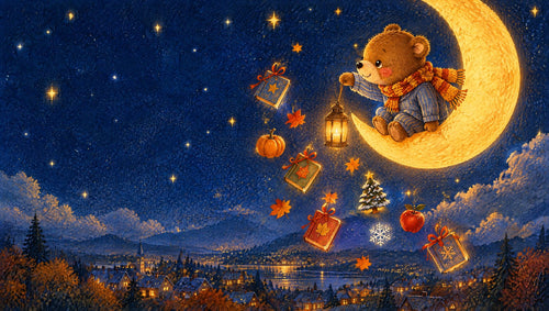 A little bear on the moon lowering new storybooks to a sleepy town