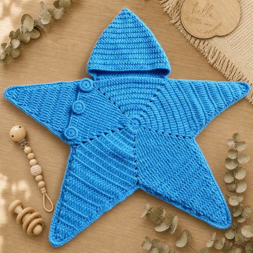 Starlie crochet star snuggler in Daydream blue – flat lay