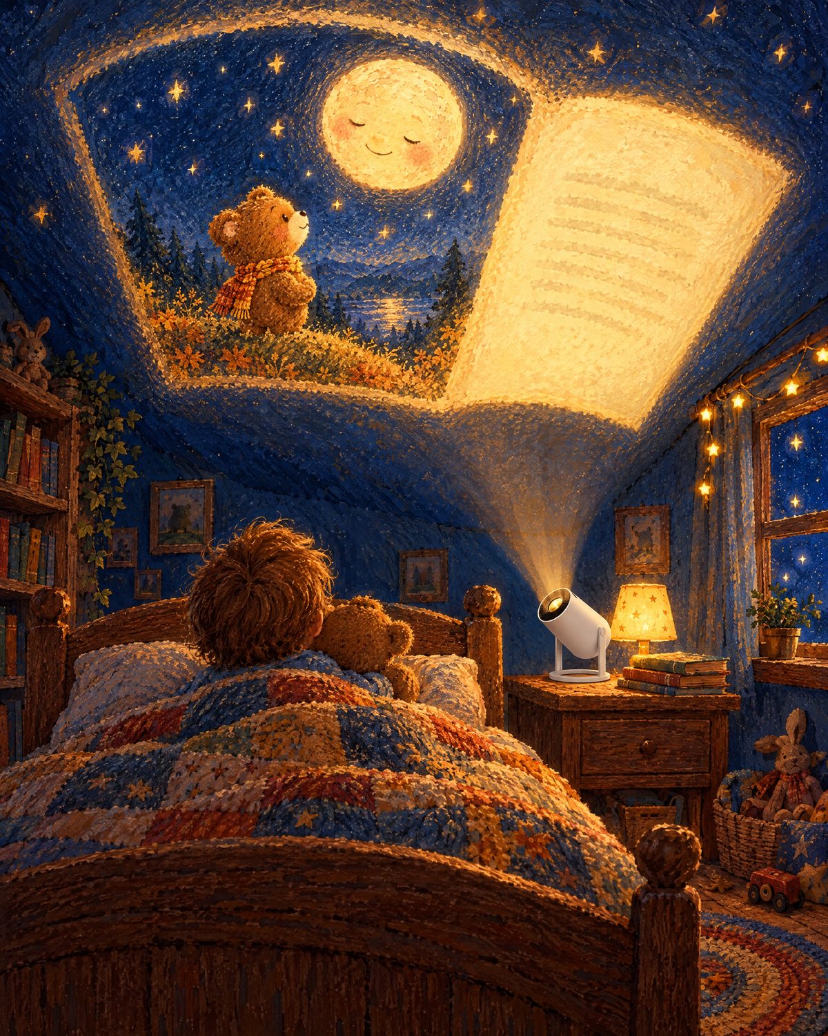 A child in bed looking up at a picture book on the ceiling